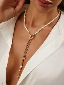 Set de 3 collares con cuentas de perlas vintage, asimétricos, con colgante geométrico de corazón elegante y minimalista, versátil para fiesta y uso casual