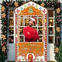 Pancarta de puerta de pan de jengibre de Navidad - Juego de poliéster navideño, adecuado para la decoración del hogar, perfecto para photocalls y celebraciones de invierno