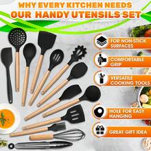 12pcs Non-Stick Silicone Kitchen Utensil Set With Wooden Handles - & Easy To Clean - Includes Spatula, Whisk, Tongs And Ladle, Comes In Storage Bucket, Great For Cooking And Baking - Multicolor - View 4