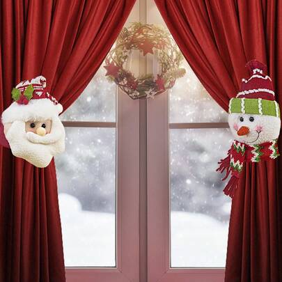 2 piezas Clips de cortina de ventana con diseño retro a cuadros de Papá Noel y muñeco de nieve, anillos de fácil colgado, adecuados para decoración navideña del hogar, decoración de puertas y ventanas para fiestas - Diseño navideño de Papá Noel y muñeco de nieve, aplicable para fiestas festivas, uso durante todo el año, decoración interior duradera y multifuncional, decoraciones navideñas