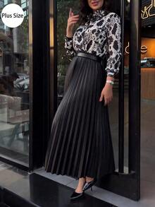 Fashionable Elegant High-Waisted Pleated Skirt, Vintage A-Line Maxi Skirt (No Belt) - Black - View 1