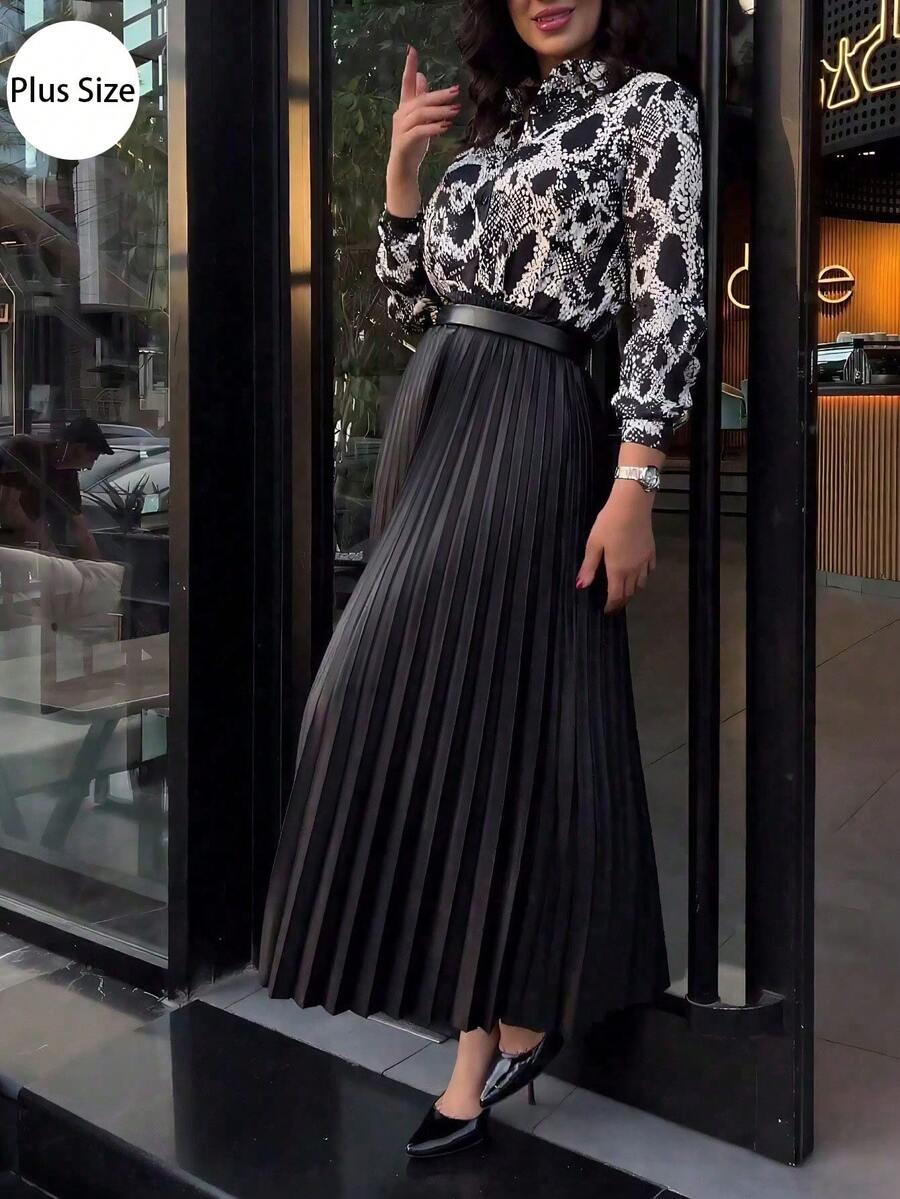 Fashionable Elegant High-Waisted Pleated Skirt, Vintage A-Line Maxi Skirt (No Belt) - Black - View 1