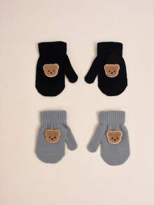 2 Pairs 1-3 Years Old Toddler Baby Autumn/Winter High Elasticity Knitted Warm Gloves, Infant/Children Cute Bear Mittens Gloves, Anti-Scratch & Bite, Suitable For Casual Daily Wear And Winter Warmth Single-Layer Gloves