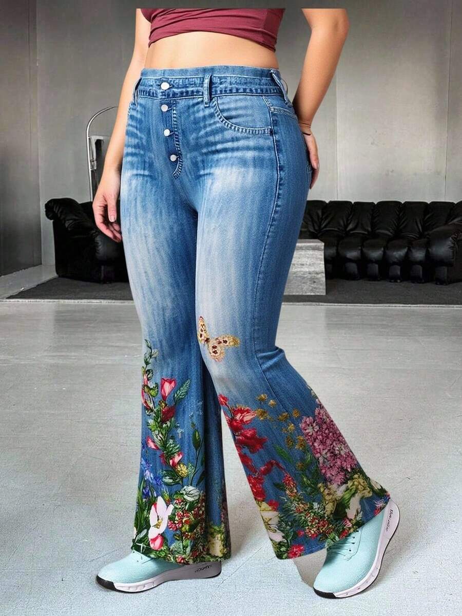 Plus Size High Waist Floral Print Thermal Lined Casual Pants, Winter
