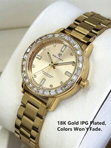 1 pièce Montre femme Pablo Raez, bijoux en or 18 carats, accessoire de plage en acier inoxydable, montre de luxe pour femme, montre de robe vintage, couleur or IPG, non décolorante, design original charmant, quartz, or à la mode, haute qualité, montre-bracelet populaire pour fille - Taille Unique - Voir 5