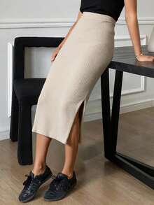 Livesso 开叉下摆罗纹针织毛衣裙 秋冬 - 杏色 - 查看 3