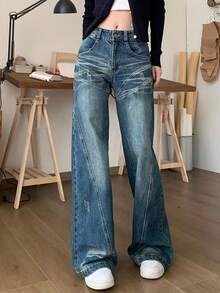 Pantalones vaqueros de las mujeres de diseño vintage sentido empalme micro bengala, versátil cintura baja chica caliente pantalones de arrastre delgado - Azul - Ver 4