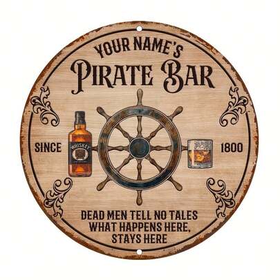 Vintage 20cm/7.87in Round Wall Art: Your Name's Pirate Bar - UV Printed, Suitable For Indoor/Outdoor Decorations.