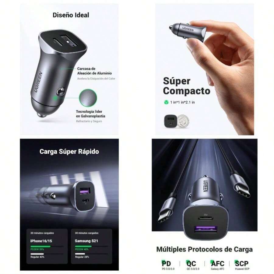 30W C Cargador Auto Carga Rpida, 2 Puertos Adaptador de Coche Tipo C y 3.0 de Aluminio Quick Compatible con 17 16 15 14 13 Pro, Pro, S25 S24 S23 - gris - Ver 1