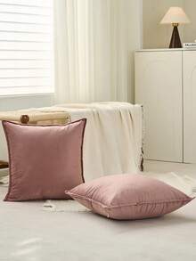 1 件天鹅绒边缘抱枕套纯色方形靠垫套适用于沙发、卧室和汽车 - 藕粉色 - 查看 5