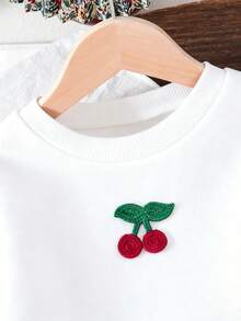 青少年女孩櫻桃圖案刺繡貼布保暖圓領衛衣與櫻桃刺繡牛仔褲 - 白色 - 查看 3