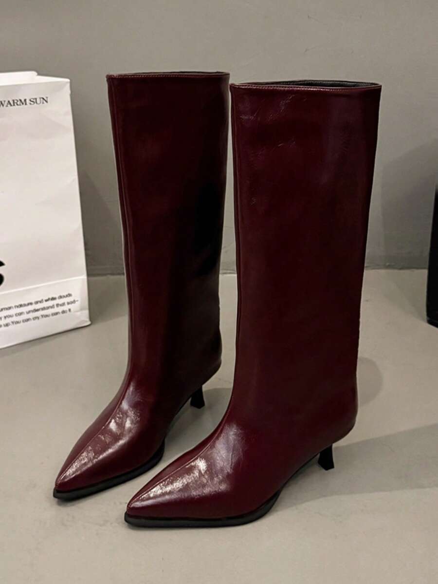 Fall/Winter French Blogger Style Pointed Toe Thigh High Boots, Ins Nordic Kitten Heel Equestrian Boots For Women,Kitten Heel Boots,Party - Burgundy - View 1