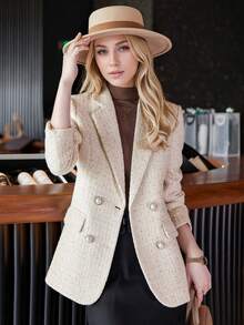 Apricot Blazer Jacket For Women, 2025 Autumn/Winter New Arrival, High-End Elegant Lady Wool Blend Coat