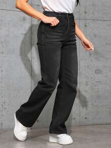 Pantalones vaqueros holgados de tiro alto en negro, tejido suave y elástico, versátiles para looks casuales y modernos. - Negro - Ver 3