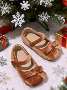 1 Pair Girls/Toddlers Mary Jane Bow Flat Shoes, Warm Indoor/Outdoor Party Holiday Flats Suitable For Christmas Party