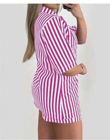 "Conjunto Feminino Listrado Marrom e Branco com Blazer e Short Estilo Casual Chic" - Pink - Visão 3