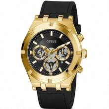 Guess Reloj de cuarzo de moda casual de negocios para hombres con tres esferas, función múltiple, esfera negra y dorada hueca, correa de silicona - GW0262G2 - Dorado - Ver 11