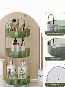 1/2/3-stöckiger drehbarer Make-up Organizer, geeignet für Schminktisch, Parfüm & Hautpflege Aufbewahrung, große Kapazität, Badezimmer Arbeitsplatten Kosmetik Organizer, transparenter drehbarer Hautpflege & Lippenstift Halter, erhältlich in 1/2/3 Ebenen, Weihnachtsdekoration, Make-up Organizer, Parfümhalter (Grün & Transparent & Bernstein) - Verschiedenfarbig - Übersicht 3