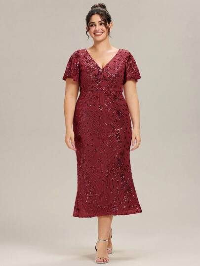 EVERPRETTY Plus Size Women's Elegant V-Neck Sequin Short Sleeve Mermaid Midi Dress, Wine Red Evening Gown, Wedding Guest Dress, Curve-Hugging Design, Party Formal Dress, Holiday Party Dress, Wedding Guest Dress