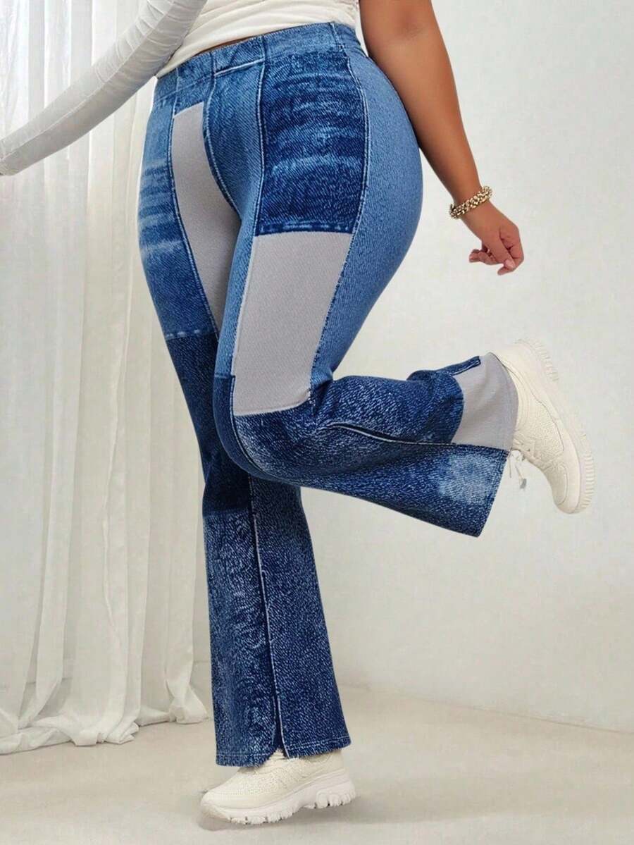 Plus Size High Waist Asymmetrical Pattern Flared Fleece Pants, Winter - Blue - View 1