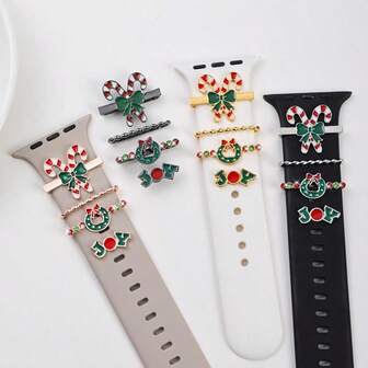 4pcs Christmas Band Decoration Rings, Zinc Alloy Material, Christmas Candy Cane/Wreath Shaped Decor, Compatible With Apple/ Watch Bands (Watch Band Not Included)