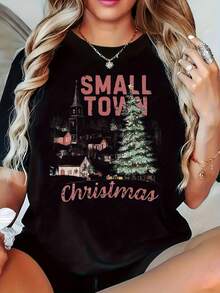 Plus Size Women's  T-Shirt With Small Town Christmas Print And Christmas Tree Scene, Perfect For Holiday Season And Festive Outings,220g - màu đen - Xem 1