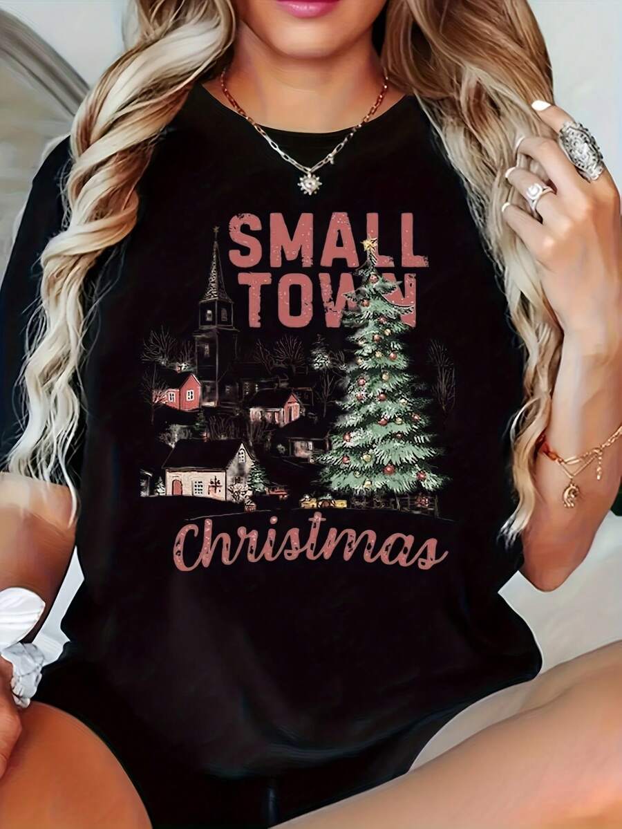 Plus Size Women's  T-Shirt With Small Town Christmas Print And Christmas Tree Scene, Perfect For Holiday Season And Festive Outings,220g - màu đen - Xem 1