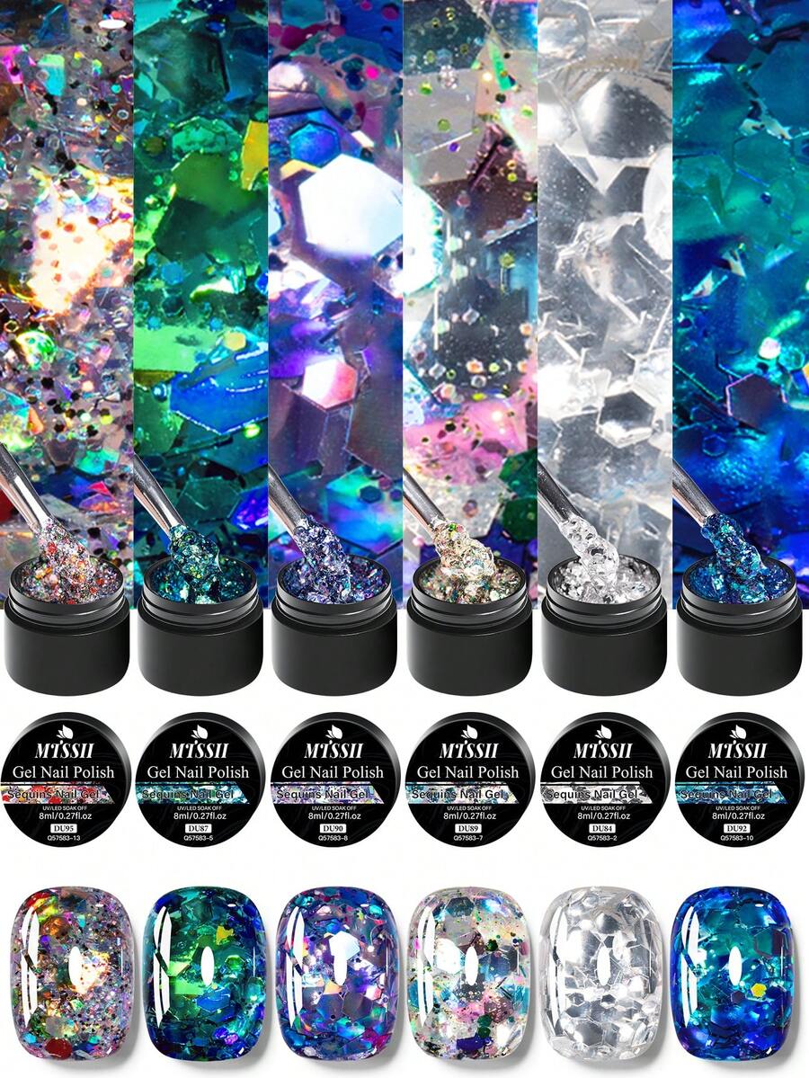 Mtssii 6色幻彩粗粒全息閃粉凝膠指甲油套組，8ml碎鑽亮片UV LED可浸泡卸除凝膠甲油，閃耀彩虹變色片美甲凝膠，適用於美甲店與居家DIY美甲，持久高顯色亮面凝膠指甲油