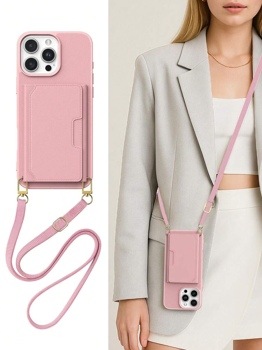 Cardholder Phone Cases For 17 Pro Max,M Wallet Phone Cover For 17 Pro Max, Cardholder Phone Case For 16 Pro Max With Crossbody Phone Lanyard, For Ip13/ 16E/16Pro, Ip11 Mobile Phone With Adjustable Cell Phone Accessories, Android Phone Case For Galaxy A17/S25FE/S25 Ultra, Hybrid Android Phone Case For Redmi 15C. - Pink - View 1