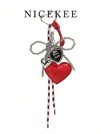 Minimalist & Fashionable, Cute Heart-Shaped Bag Charm, Silver Beaded Bow Decor, High Cost-Effective Bag Accessory, Niche Heart-Shaped Keychain, Sweet & Chic Style Decoration, Suitable For Daily Matching Or As Bag Charm/Keychain Gift, Retro Red