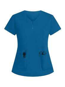 cimmuovere Plus Size Women Short Sleeve Round Neck 4-Pocket Solid Color Scrubs Nurse Scrubs Workwear Dentist Healthcare Pet Hospital Laboratory Top - Blue - View 3