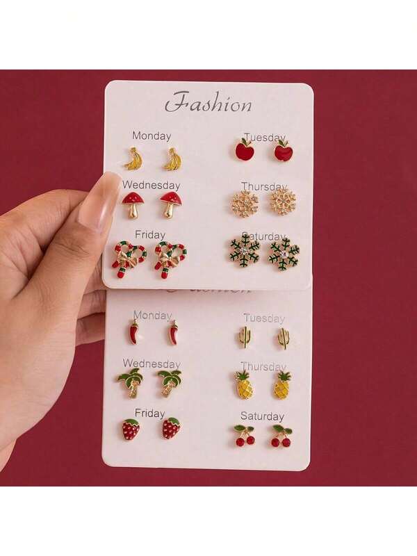6 Pairs Colorful Drip Oil Fruit, Christmas Snowflake Rhinestone Cute Simple Small Stud Earrings Set