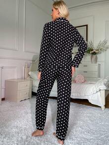 Conjunto de pijama de manga larga con estampado de lunares, ropa de otoño e invierno para mujer