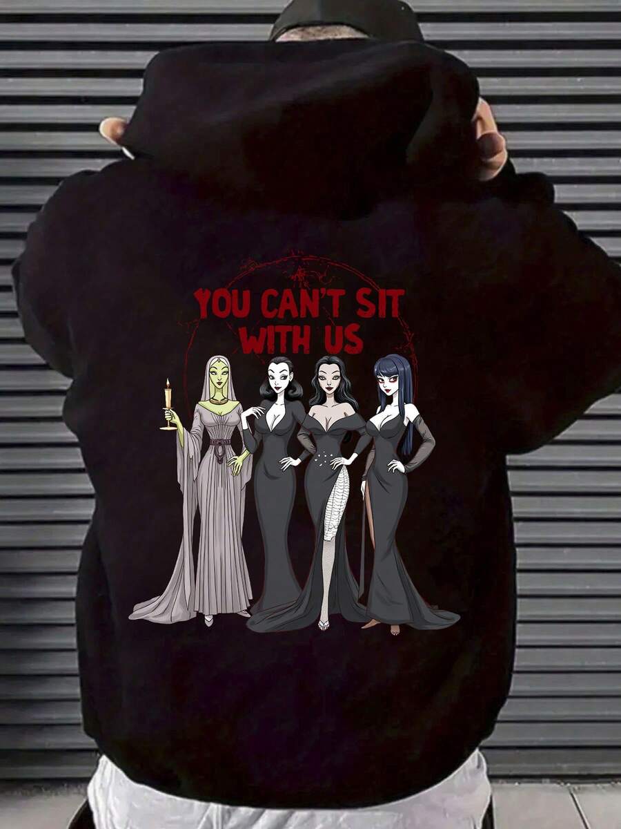 Men'S 360g Heavyweight Witches Print Hooded Sweatshirt -  Movie-Inspired Graphic, Loose Fit Casual Pullover With Kangaroo Pocket & Drawstring Hood, Halloween Costume Casual Attire, Polyester Fall Winter Warmth (Witch-Themed Party Outfit) - màu đen - Xem 1