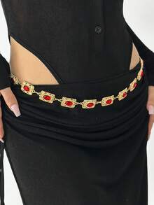 1pc Vintage Women's Crystal Decor Waist Chain, Red Metal Chain Bohemian Agate Crystal Belt, Suitable For Casual Wear, Wedding, Spring/Summer/Autumn/Winter, Campus, Autumn, Halloween