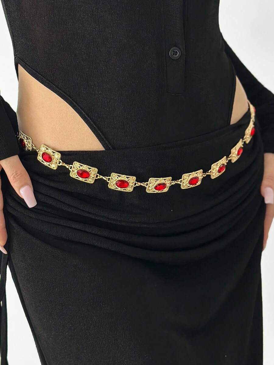 1pc Vintage Women's Crystal Decor Waist Chain, Red Metal Chain Bohemian Agate Crystal Belt, Suitable For Casual Wear, Wedding, Spring/Summer/Autumn/Winter, Campus, Autumn, Halloween