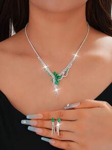 Conjunto de collar y aretes de lujo con rhinestones de cobre, joyería nupcial y de boda, diseño de gota verde con diamantes completos, accesorios de moda para vestido de noche, set de 2 piezas