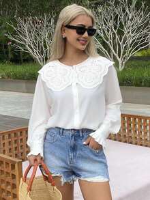 Livesso Eyelet Embroidery Statement Collar Flounce Sleeve Blouse,Long Sleeve Tops,Fall Women Clothes