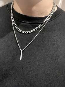 Set de 2 collares para hombre con colgante geométrico de doble capa, adecuado para uso diario, regalo de Navidad y Año Nuevo