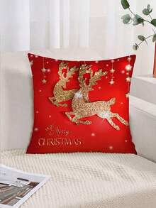 1/2/4 unidades Funda de cojín navideño con renos dorados y estrellas - 45x45 cm, de poliéster rojo con cierre de cremallera para decorar el sofá y el sillón - Rojo - Ver 2