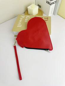 Red Solid Color Minimalist Luxury Heart-Shaped Wristlet Bag, New Heart-Shaped Burgundy Women's Clutch Bag, Lightweight Casual Sweet Style Coin Purse, Small Handbag For Daily Office Use. Suitable For Girls, Female College Students, Beginners And White-Collar Workers. Ideal For Office, University, Work, Business, Commuting, Outdoor Activities, Travel And Outings - Red - View 1