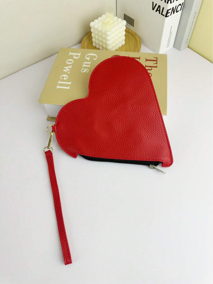 Red Solid Color Minimalist Luxury Heart-Shaped Wristlet Bag, New Heart-Shaped Burgundy Women's Clutch Bag, Lightweight Casual Sweet Style Coin Purse, Small Handbag For Daily Office Use. Suitable For Girls, Female College Students, Beginners And White-Collar Workers. Ideal For Office, University, Work, Business, Commuting, Outdoor Activities, Travel And Outings - Red - View 1