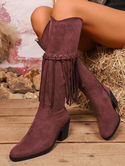 1 Par de Botas Over-The-Knee com Franja, Estilo Fashion para Adolescentes, Salto Baixo Grosso Estilo Ocidental, Adequado para Uso Externo no Outono/Inverno