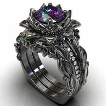 Luxury 3pcs Black Leaf And Flower Style Ring Set, Inlaid With Rainbow Cubic Zirconia, Suitable For Women, Elegant Palace Style Bridal Engagement And Anniversary Fashion Jewelry Valentines,Mom,Mother,Mother's Day,Gift - 槍黑色 - 查看 7