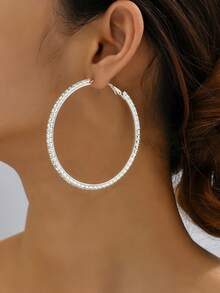 Fashionable Full Rhinestone Silver/golden Large Hoop Earrings For Women - Silver - View 7
