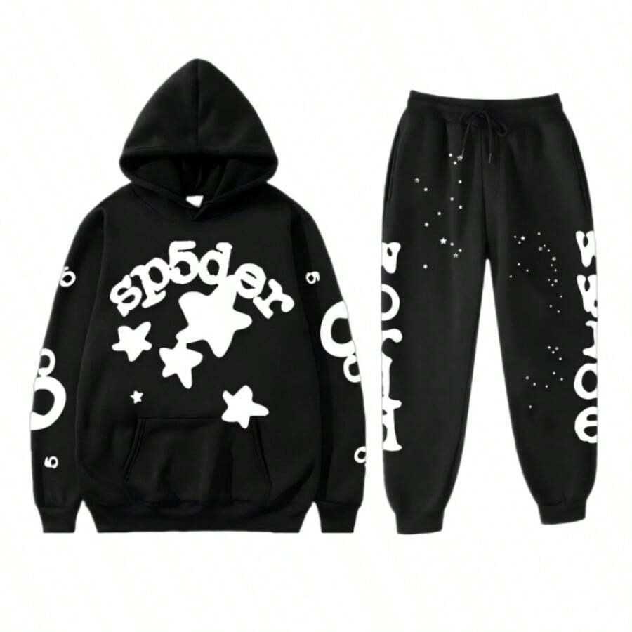 Casual Sports Hoodie Set - Star And Letter Art Print, Loose Fit, Combination For Daily Streetwear And Sports Outfits - 黑色 - 查看 1