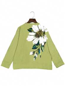 Cárdigan con estampado floral 3D - Diseño con botones delanteros, suéter ligero, adecuado para todas las estaciones, chaqueta casual holgada, silueta estructurada para vacaciones - Verde - Ver 3