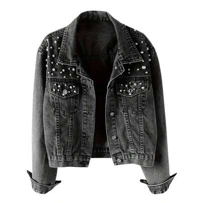 Women's Loose Solid Color Denim Jacket With Pockets, Distressed, Rivet & Pearl Embellished