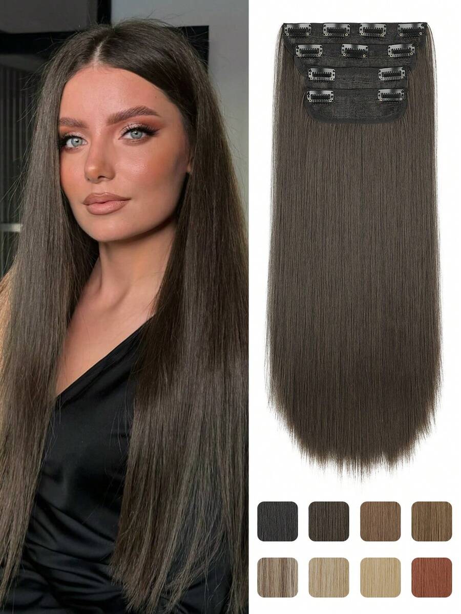 4 piezas/set Extensiones de cabello liso suave de 20 pulgadas, extensiones de cabello sintético liso grueso con clip para mujeres, piezas de cabello postizo con clip para toda la cabeza, extensiones de cabello sintético - Multicolor - Ver 1