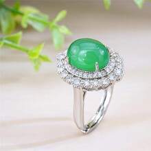 1pc Fashionable Imperial Green Jade Gemstone Ring, Cubic Zirconia Inlaid Adjustable Ring, Vintage Palace Style Women Jade Diamond Ring